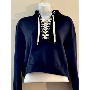 DIVIDED Sweatshirt Women's Size Small Black Cropped Lace Up Pullover Mock Neck